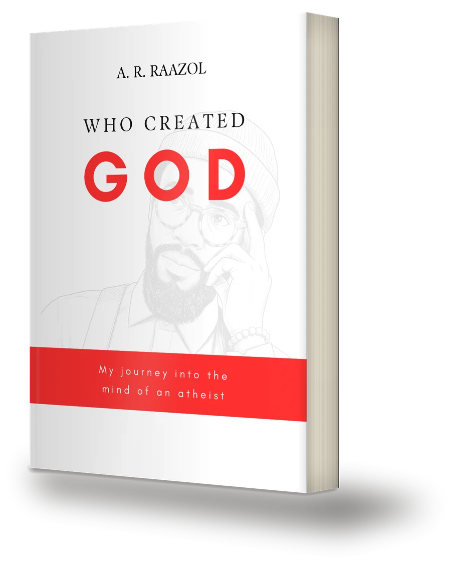 Who Created God? by A. R. Raazol: the red word GOD over a pencil drawing of a thinking man.