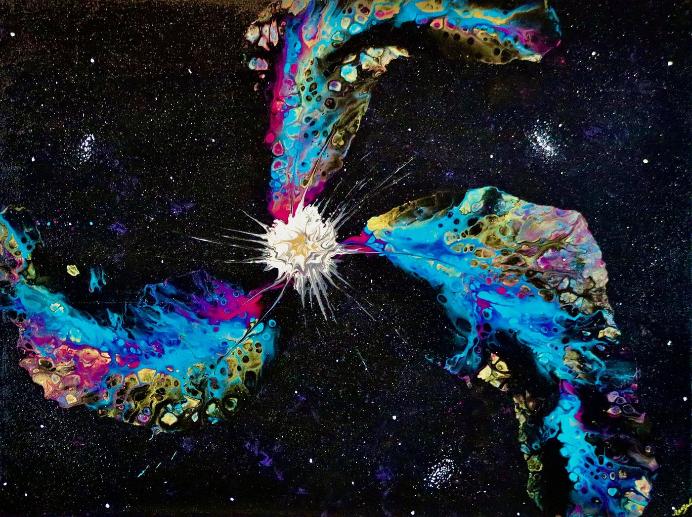 Supernova: a white burst throwing arms of turquoise, magenta and gold across deep black
